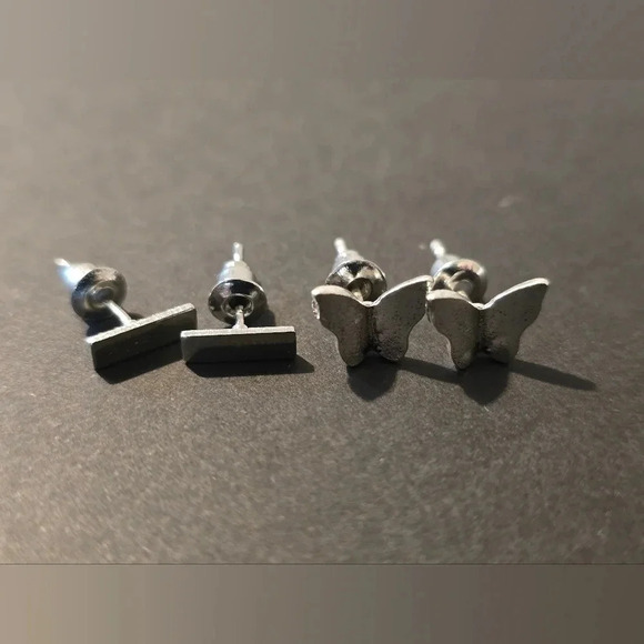 Silver Bar & Lightning Bolt & Triangle & Butterfly Stud Earrings - Picture 3 of 8